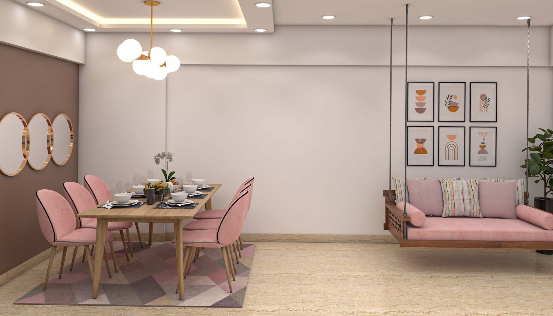 Contemporary Pink Themed Six-Seater Dining Room Design | Livspace