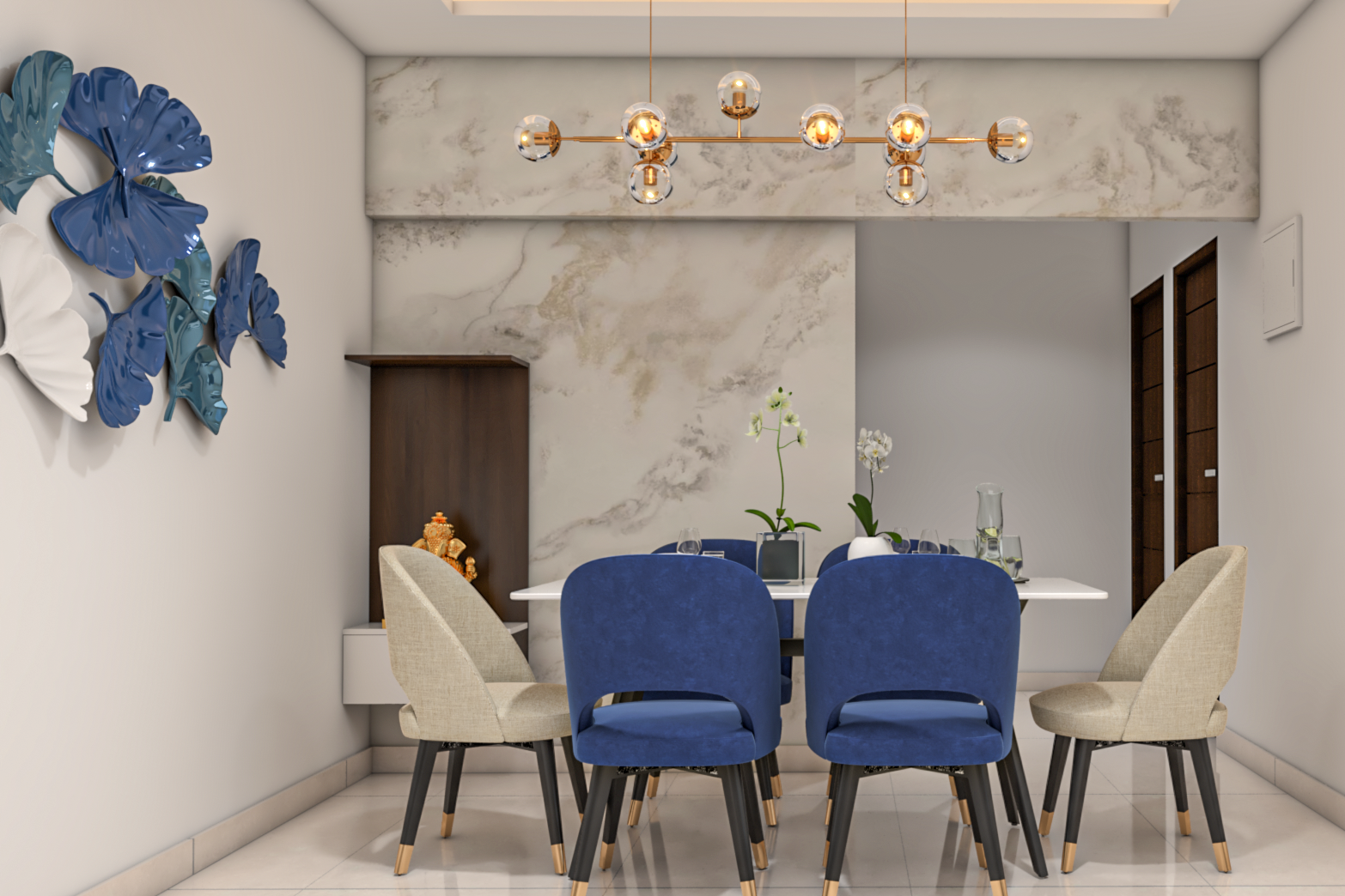 Blue and White Dining Room Design With White Table Top