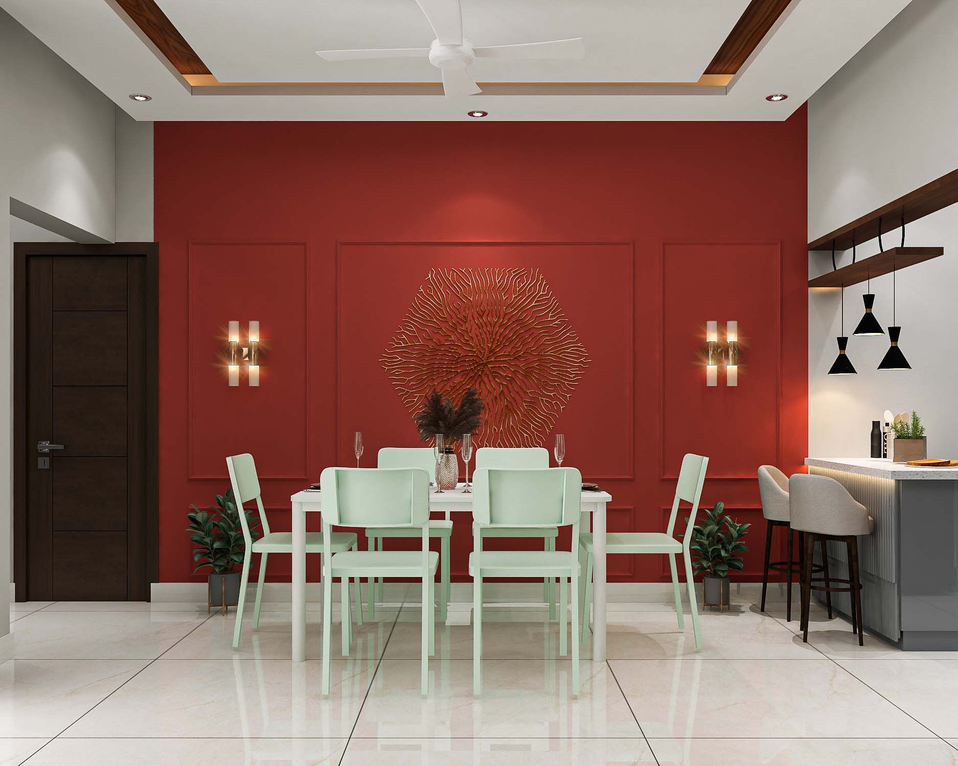Modern Dining Room Design With Maroon Accent Wall