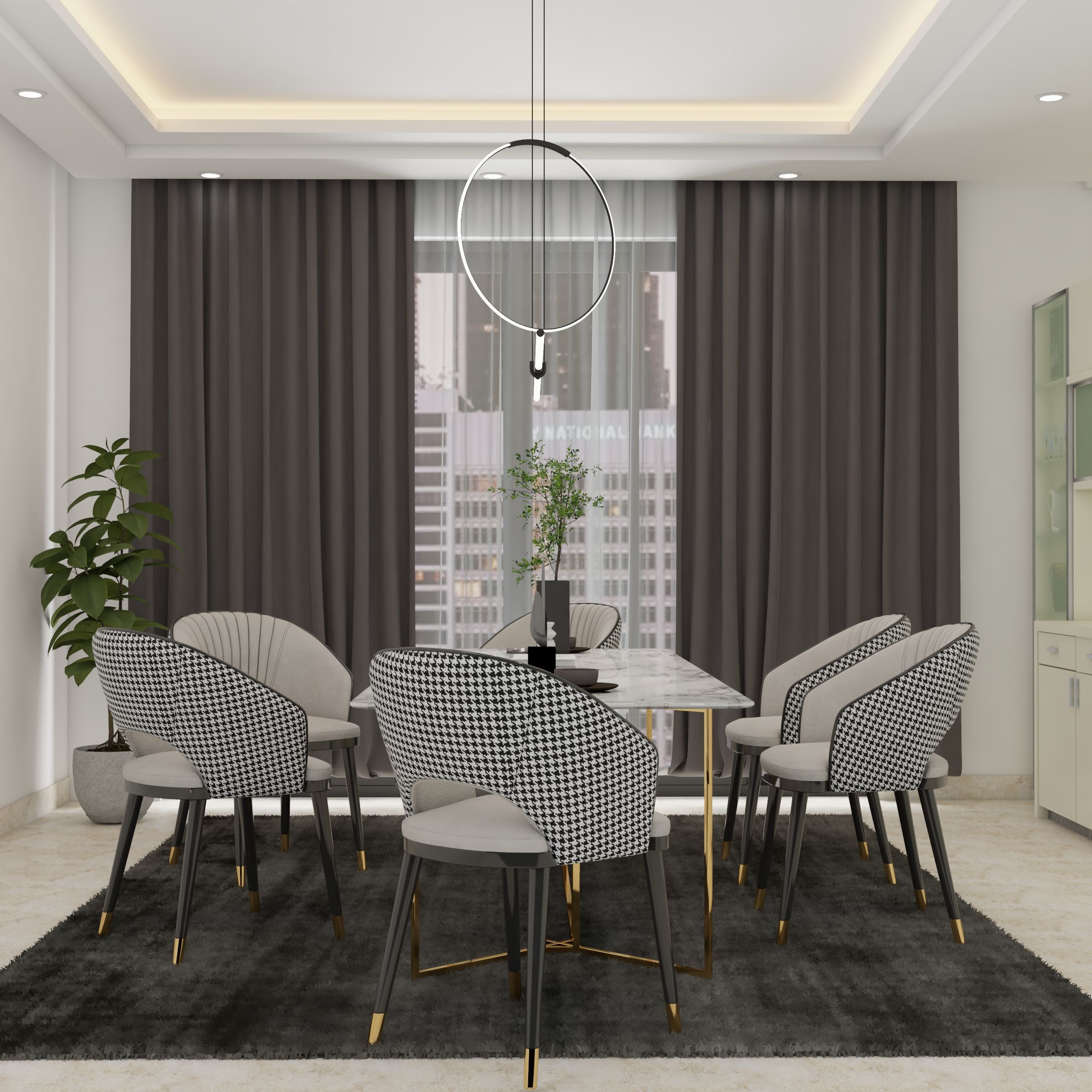 Modern Dining Room with Dark Shaded Furniture and Grey Dining Chairs