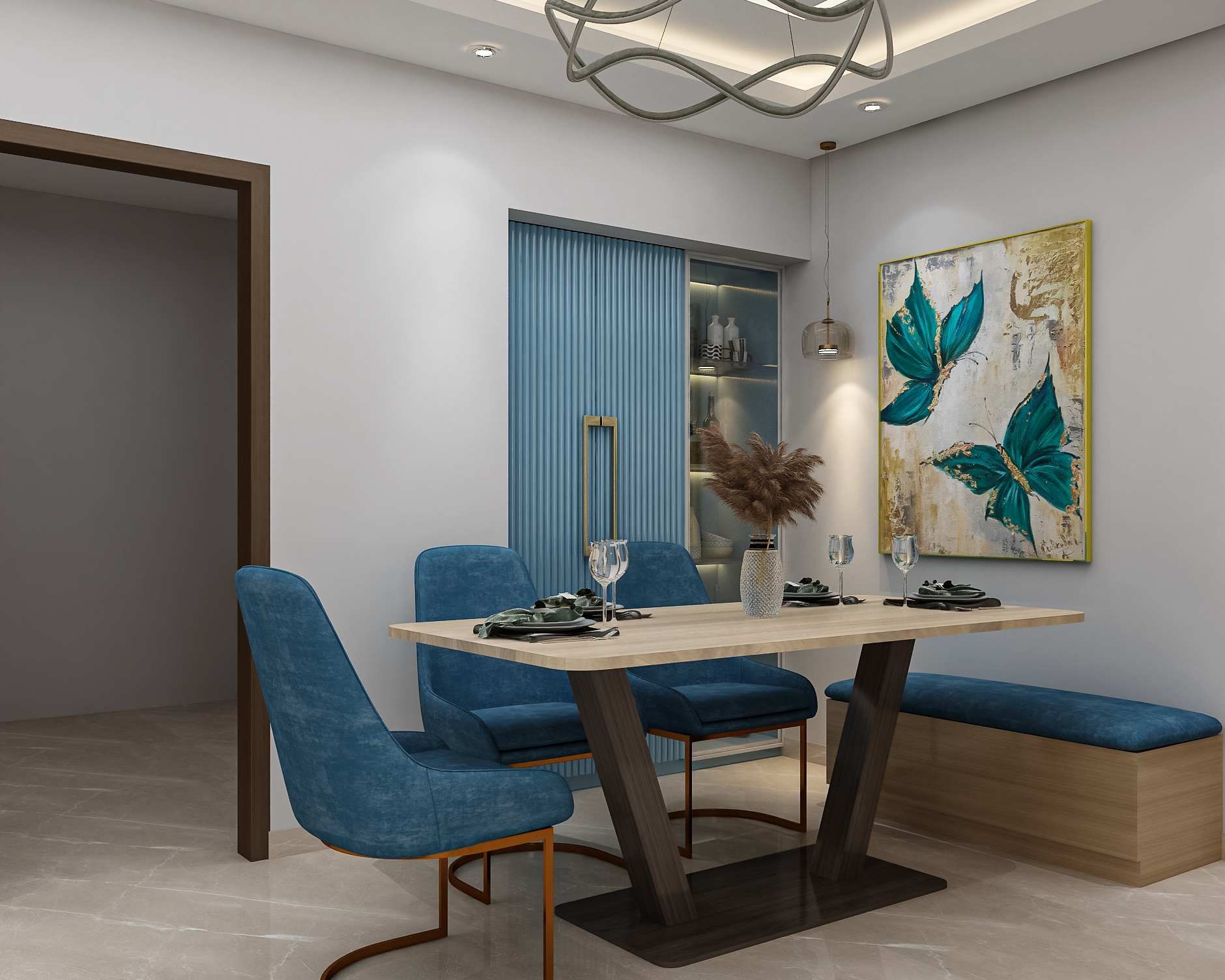Spacious Blue-Themed Dining Room Design With Grooved Shutters | Livspace