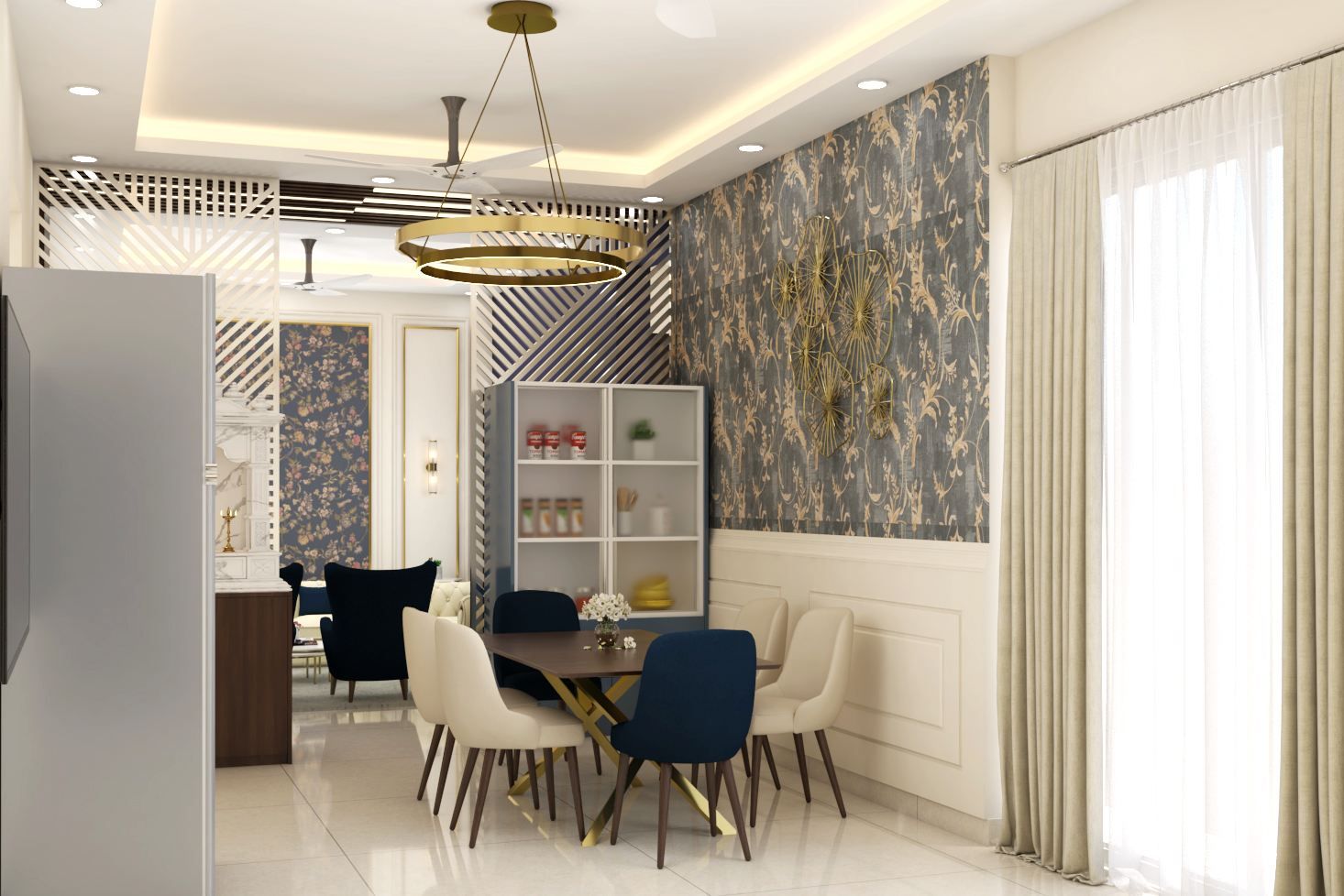 Beige And Blue Contemporary Dining Room Design For Six