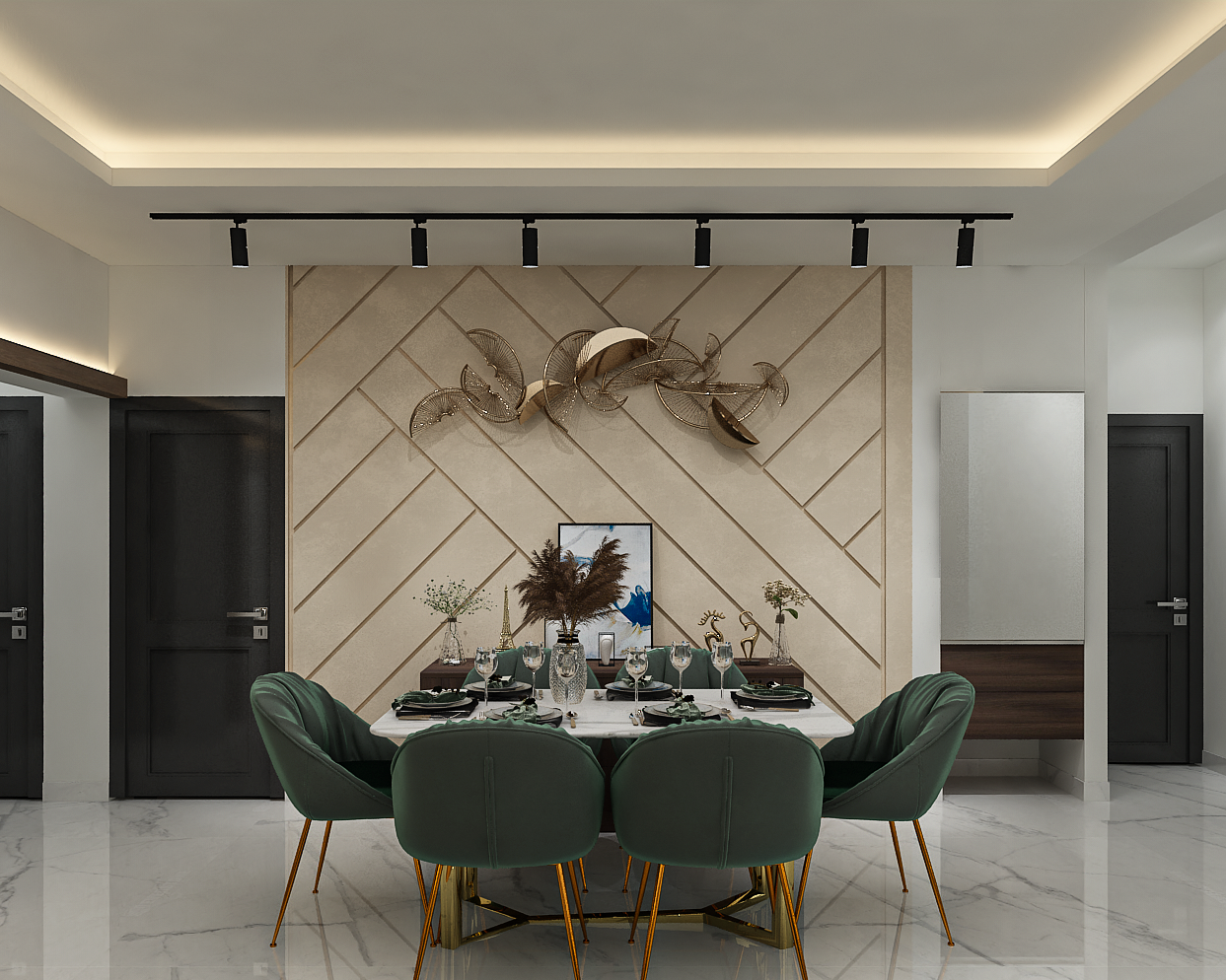 Modern 6-Seater Dining Room Design With Green Chairs