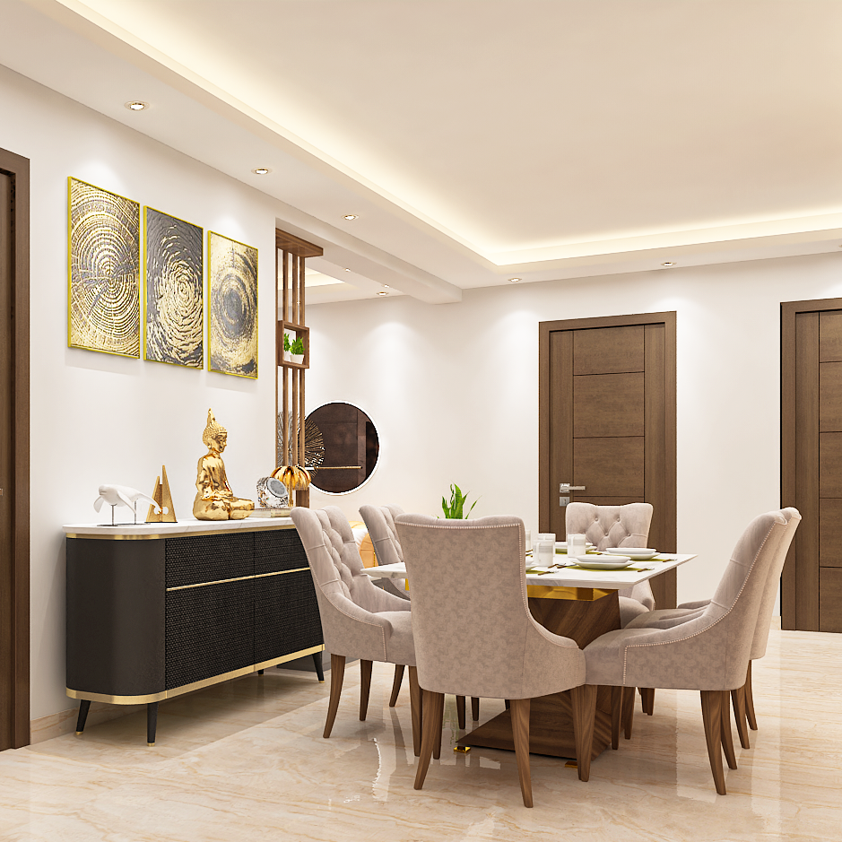 Modern 6-Seater Dining Room Design With Crockery Unit