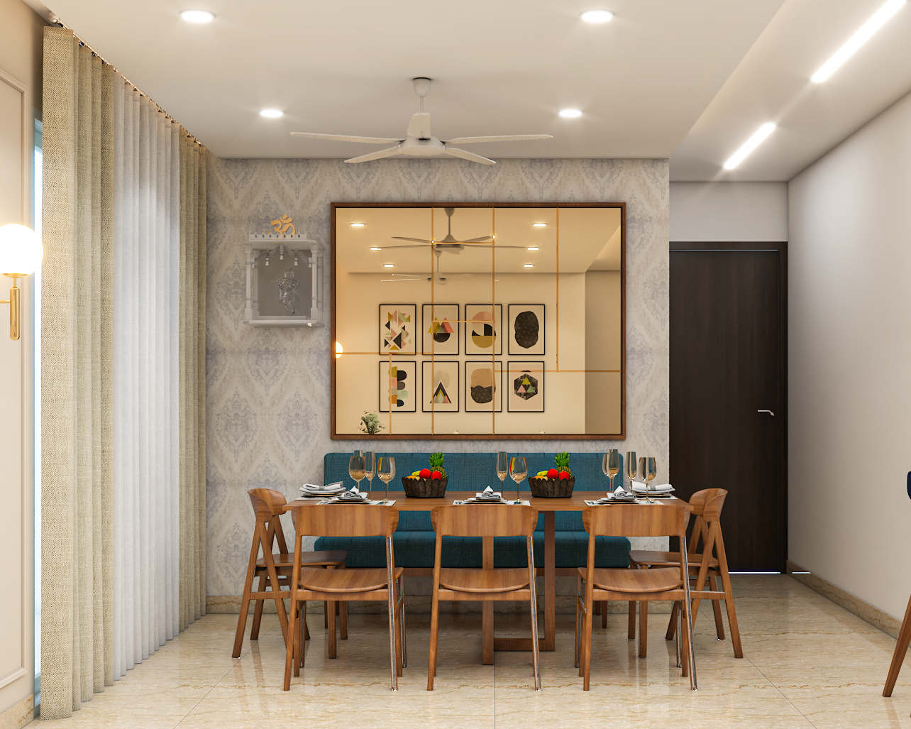 Modern Spacious Dining Room Design With Brass Shade Mirror