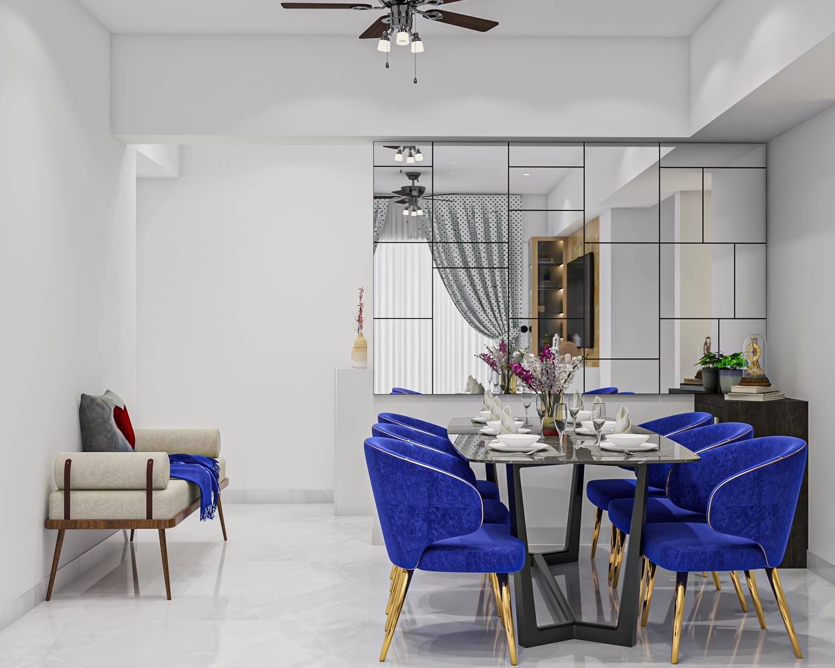 Contemporary 6-Seater Dining Room Design With Blue Tufted Chairs