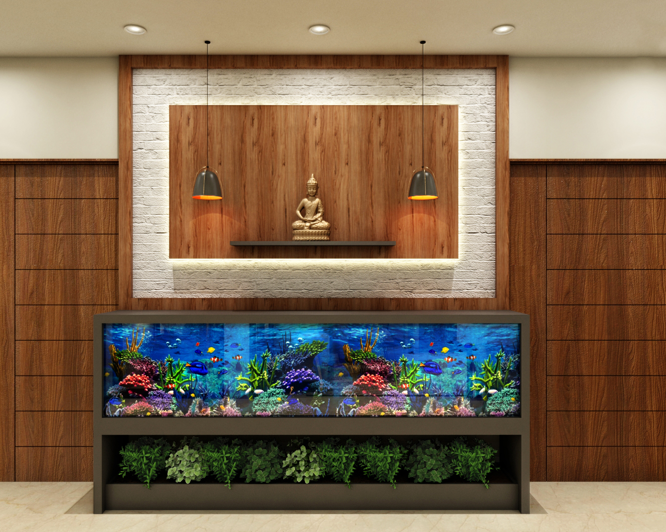 Contemporary Foyer Design With Aquarium and Buddha Idol