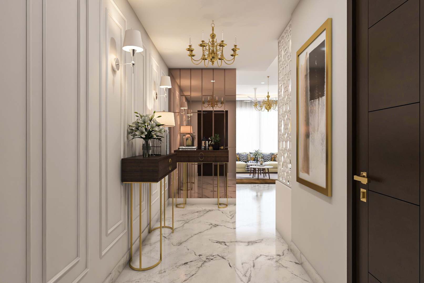 Classic Foyer Design With Golden Chandelier And Trendy Console Tables