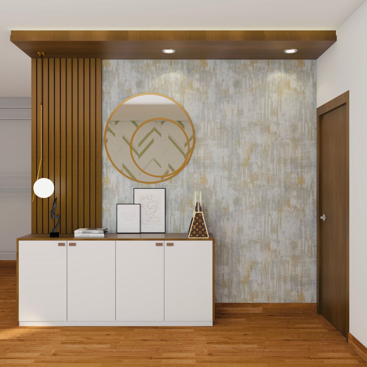 Contemporary Foyer Design With Wooden Ceiling And Fluted Panels