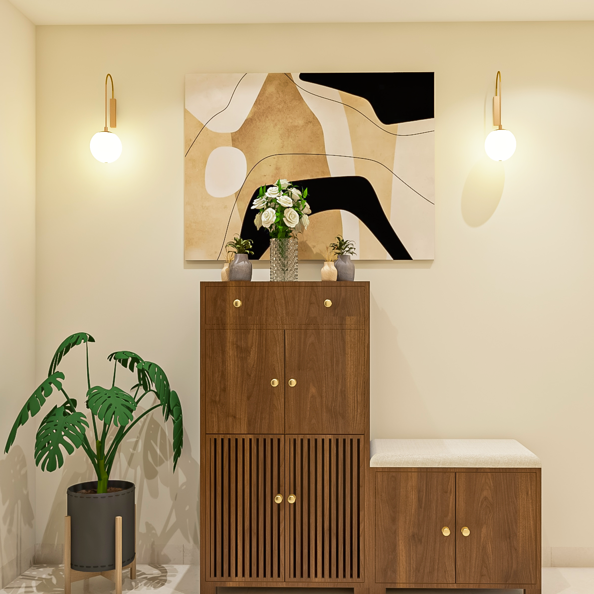 Modern Foyer Design With 2-Step Wooden Storage