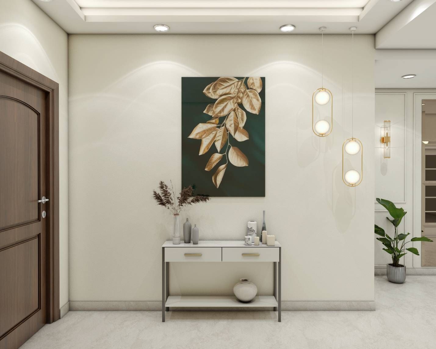 Modern Spacious White Foyer Design With White Colour Scheme