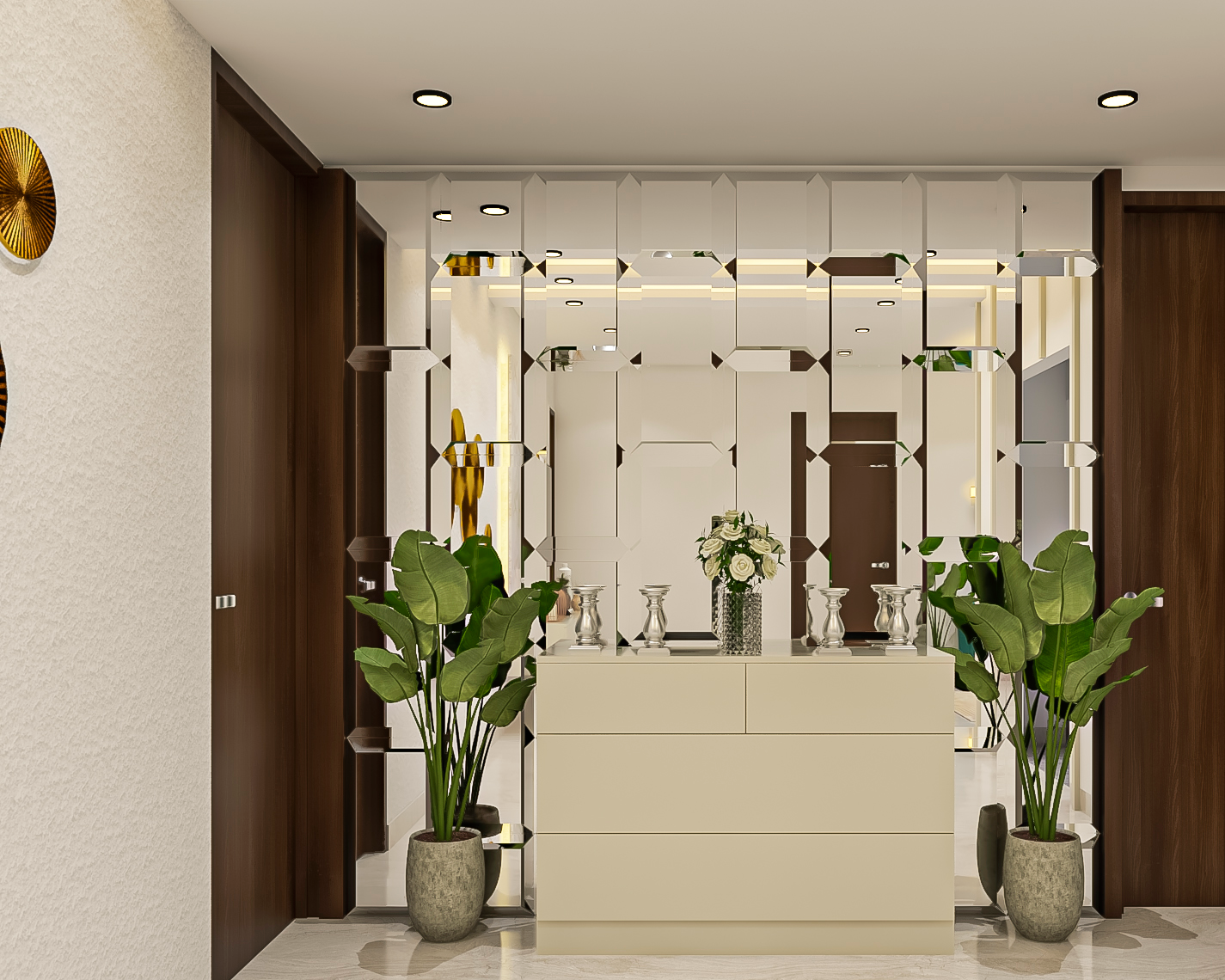 Contemporary Spacious Foyer Design With Patterned Mirror Wall