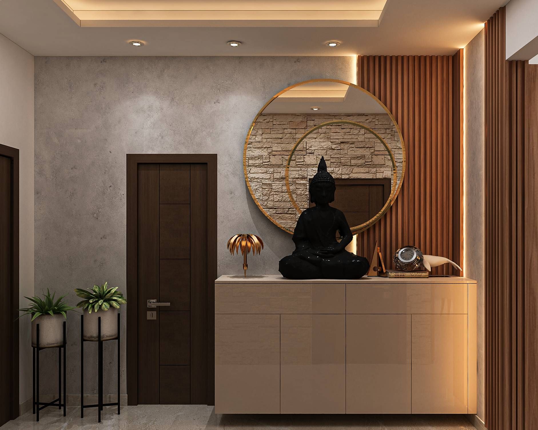 Contemporary Spacious Foyer Design With Round Mirror