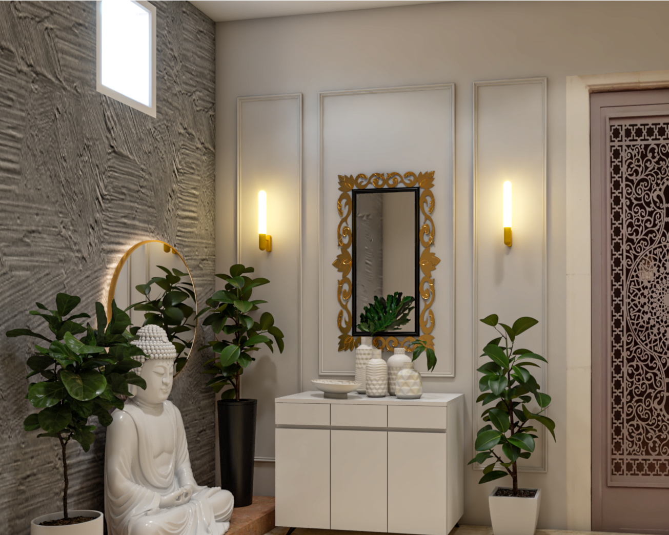 Classic Spacious Foyer Design With Buddha Statue