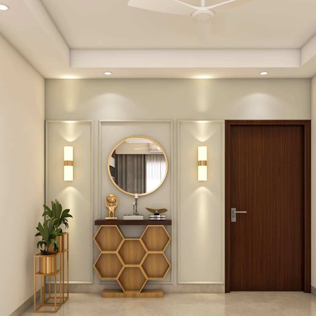 Contemporary Themed Compact Sized Foyer Design With Golden Finish