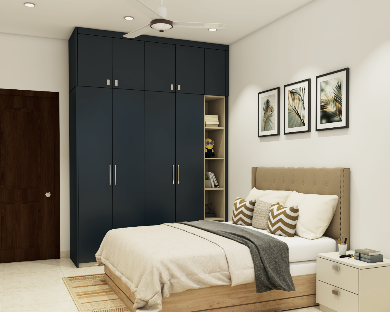 Modern Guest Bedroom Design With Dark Blue Cabinet