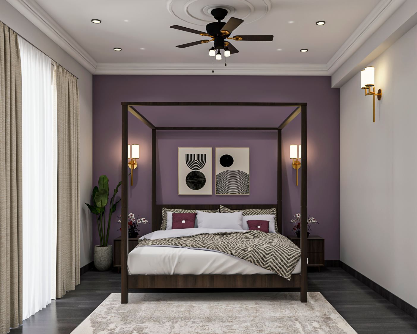 Mid-Century Modern Themed Guest Bedroom Design With Purple Accent Wall