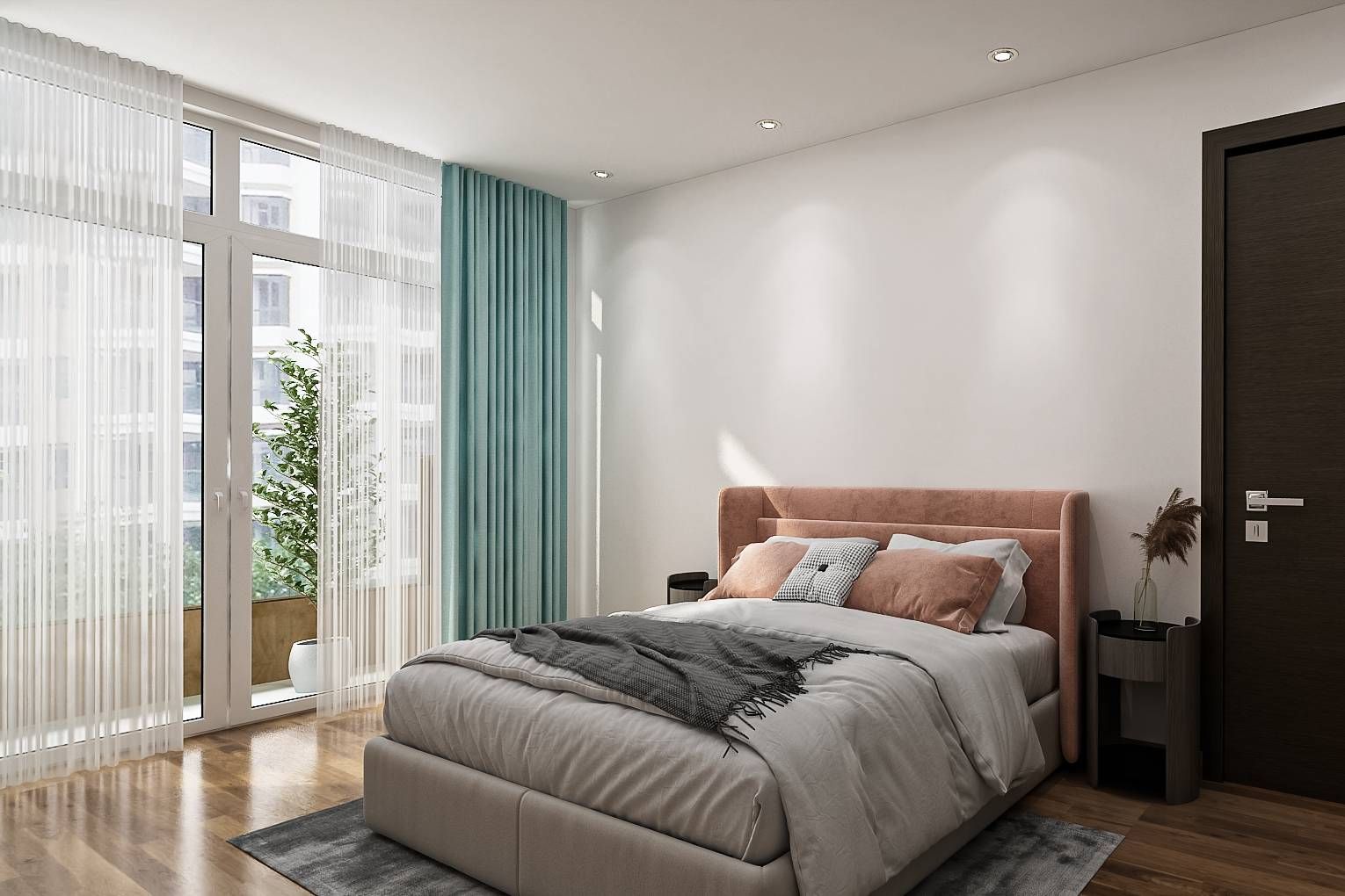 Contemporary Guest Bedroom Design With Pale Grey Headboard