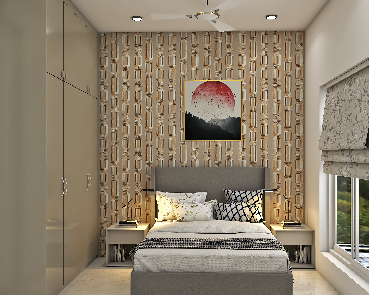 Contemporary Guest Bedroom Design With Patterned Wallpaper