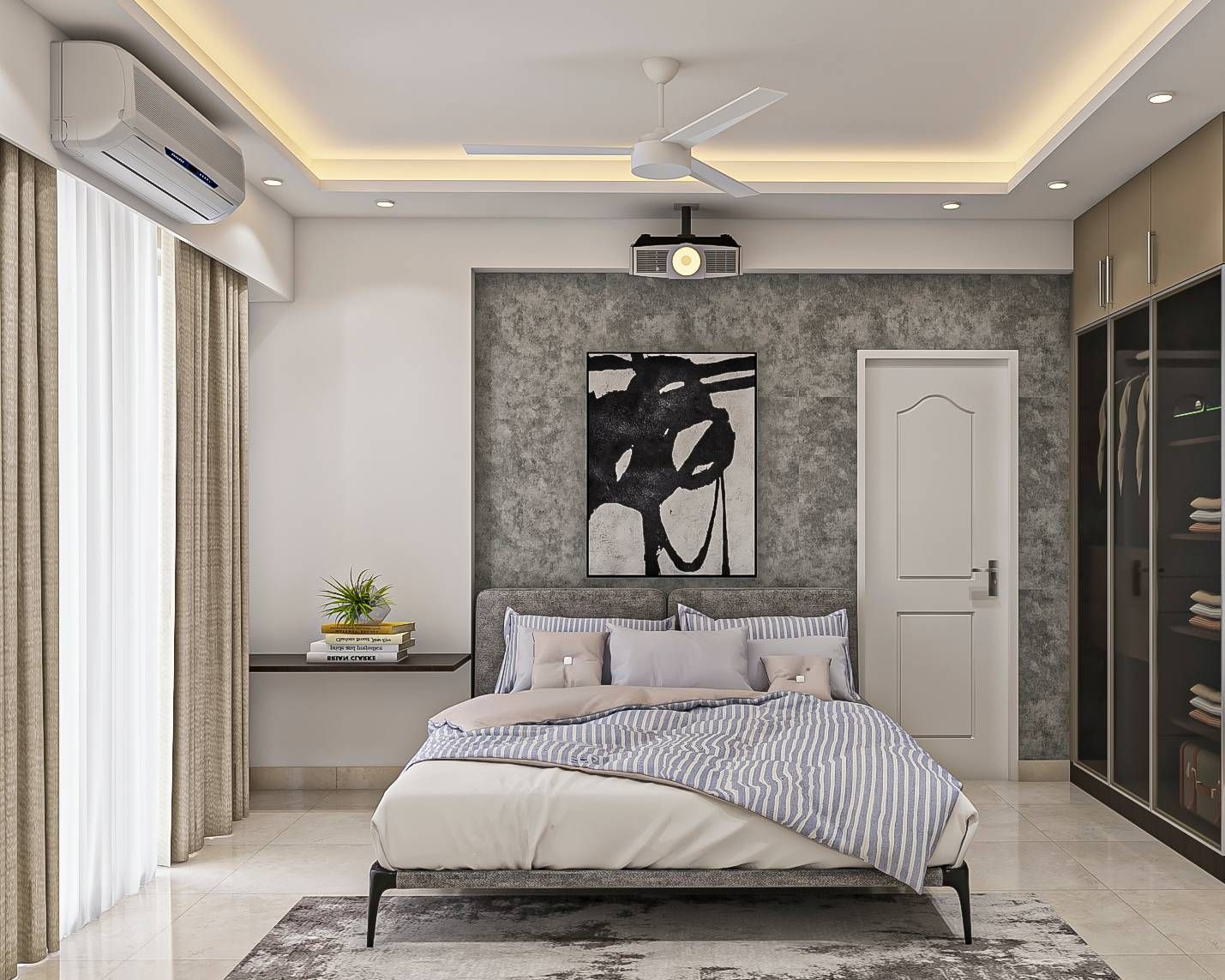 Modern Guest Bedroom Design With Grey Accent Wall