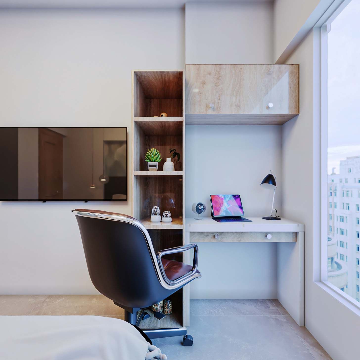 Image showcasing Contemporary Compact Home Office Design With Wood Tones | Livspace