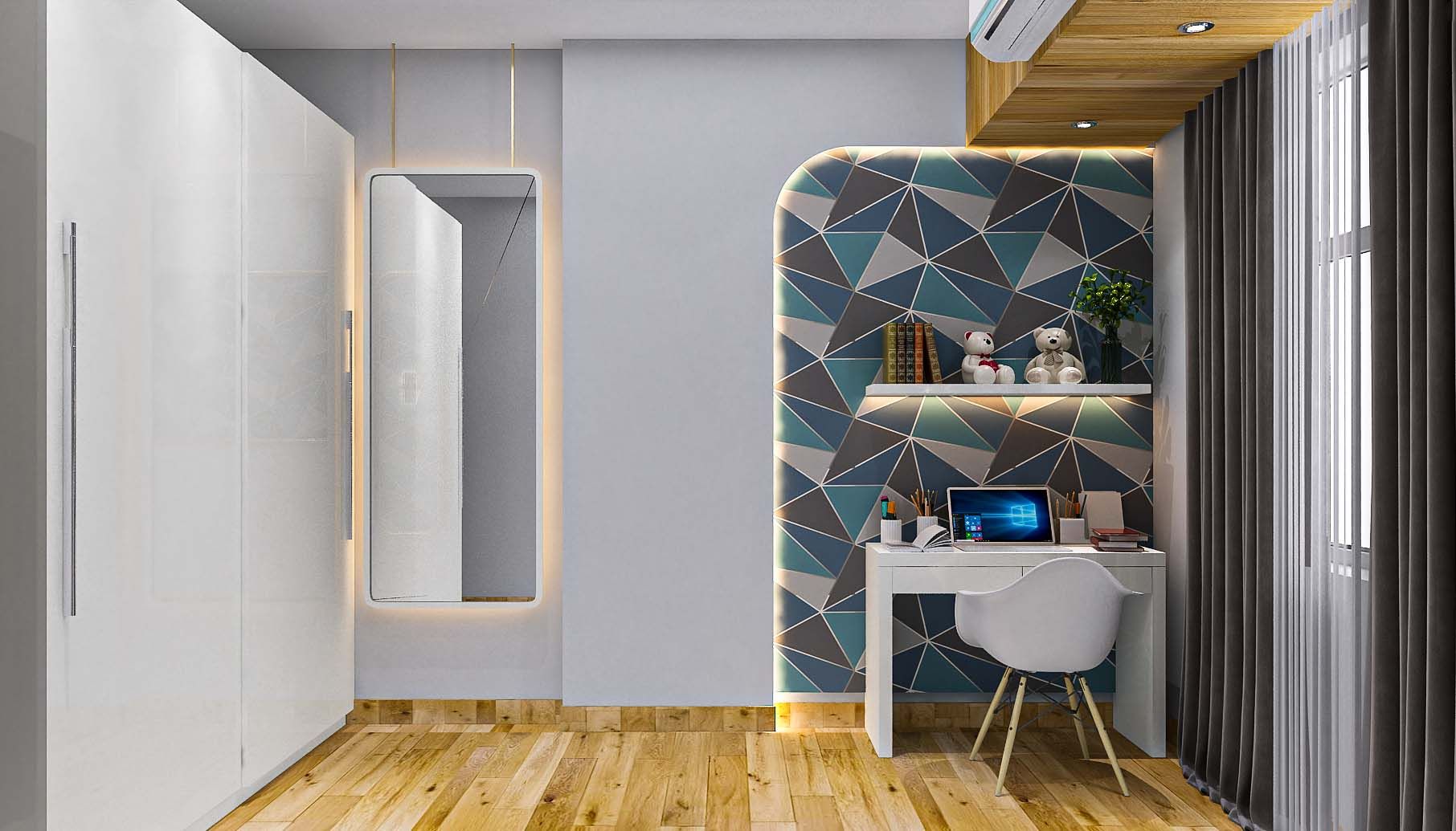 Modern Compact Home Office Design With Geometric Wallpaper