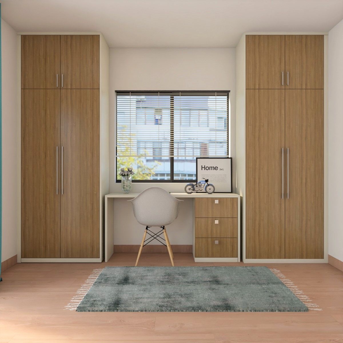 Aesthetic Home Office Design with Identical Wooden Wardrobes