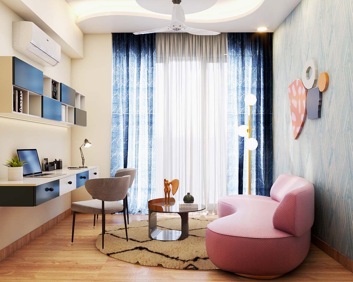 Contemporary Home Office Design With Pink Curvilinear Sofa
