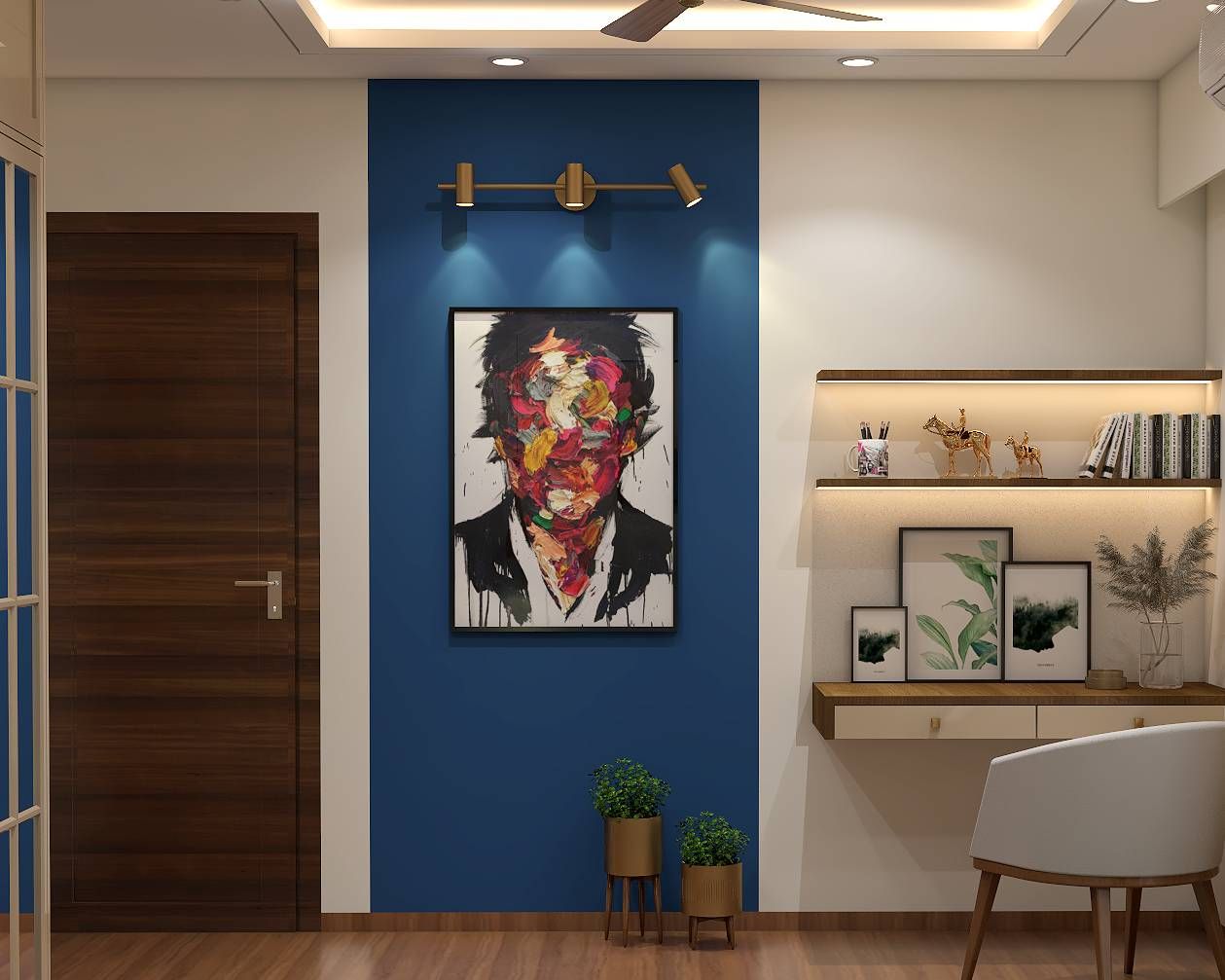 Contemporary Home Office Design With Blue Accent Wall And Art Work