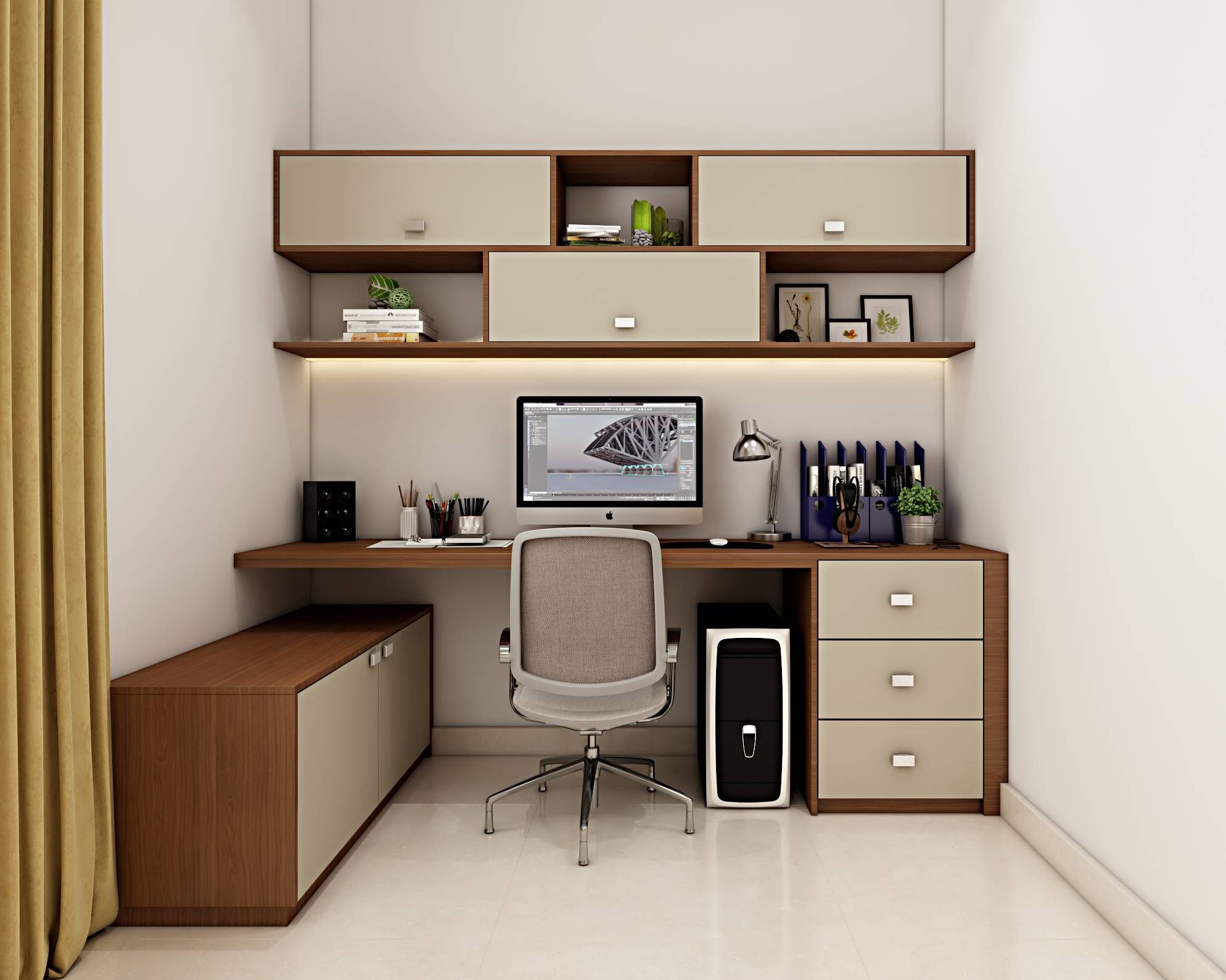 Modern Home Office Design With Efficient Storage And Wooden Workdesk 