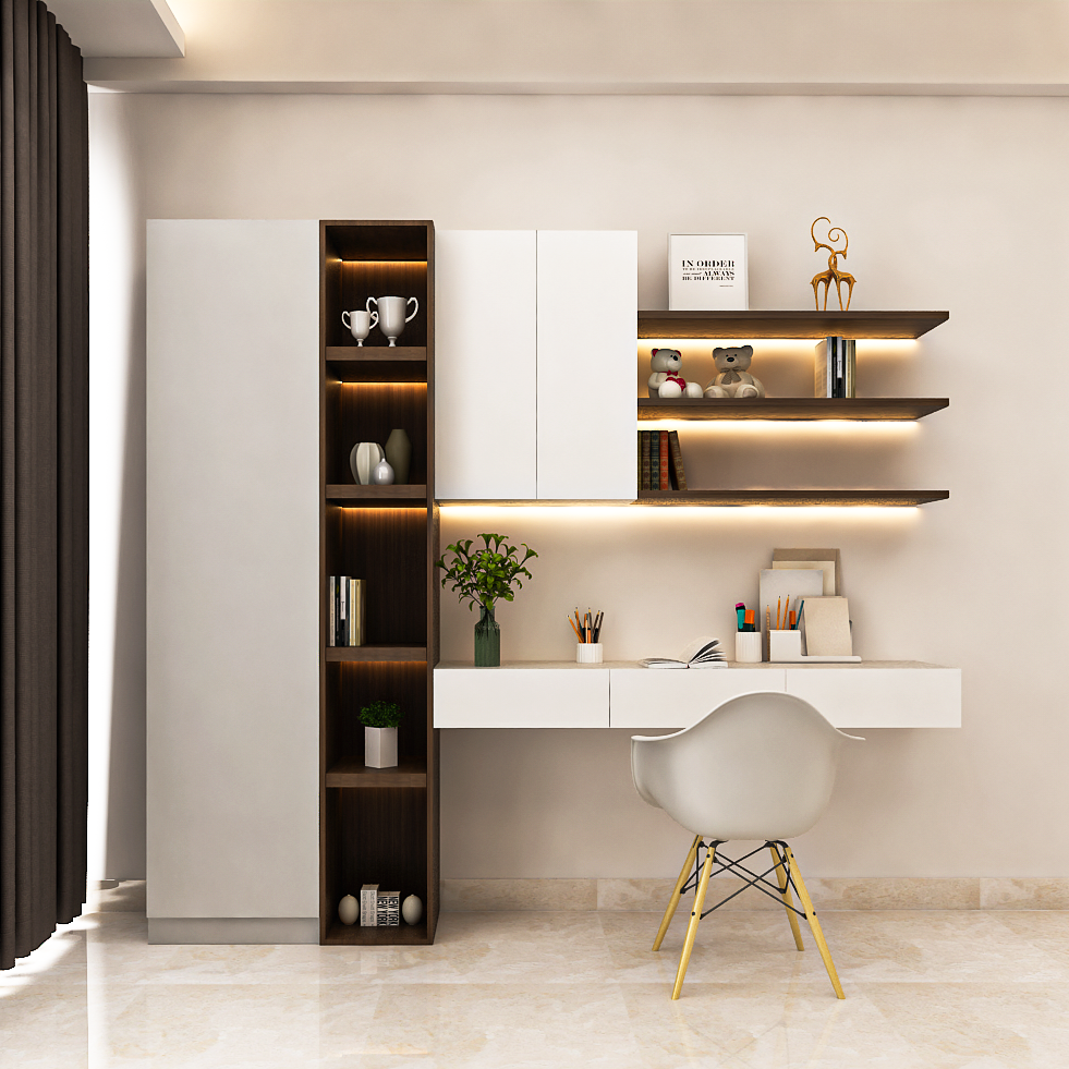 Contemporary White Home Office Design With Tall Cabinet