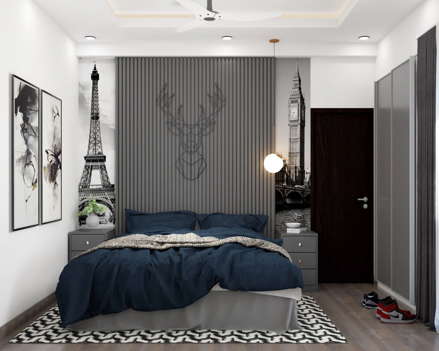 Modern Boy's Room Design With Grey Wallpaper