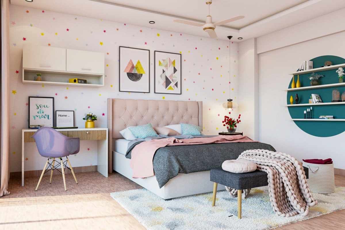 Modern Kid's Room Design For Girls With Pink Chesterfield Headboard And Study
