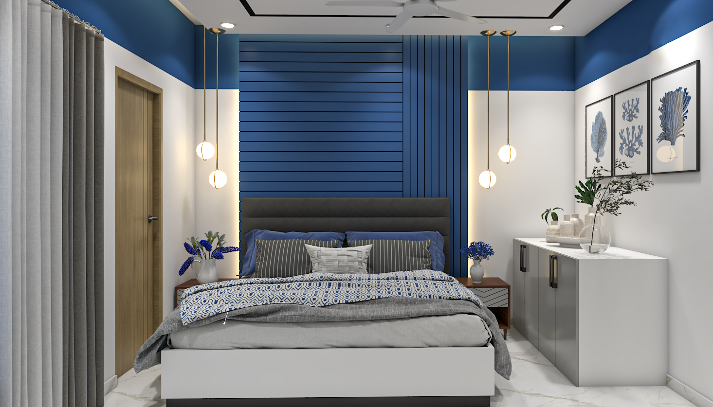 Contemporary Blue Kid's Bedroom Design With Wall-Mounted Unit