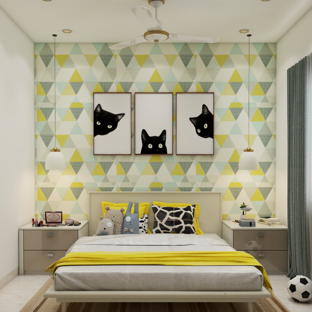 Yellow Modern Kid's Bedroom Design With Bedside Units