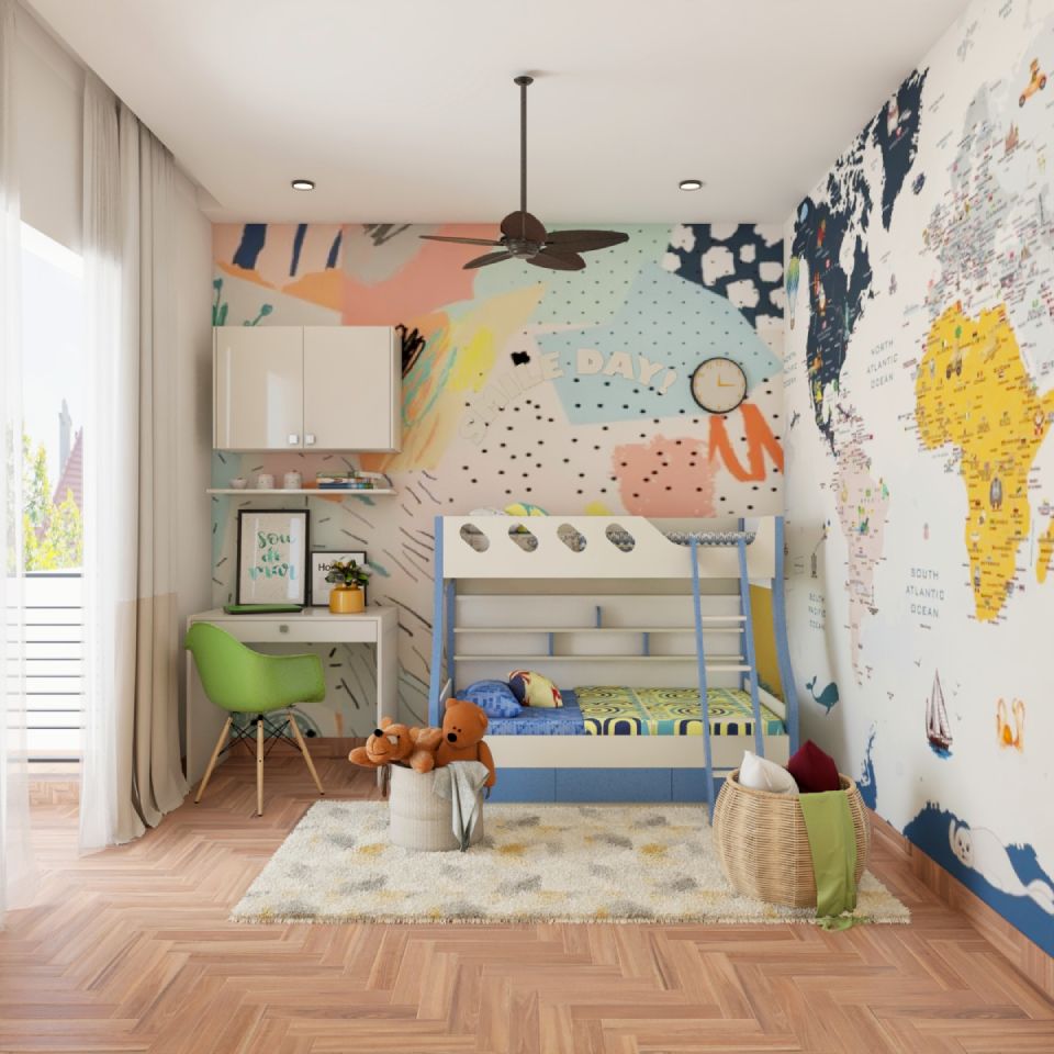 Modern Kid's Bedroom Design With Colourful Wall Pictures | Livspace