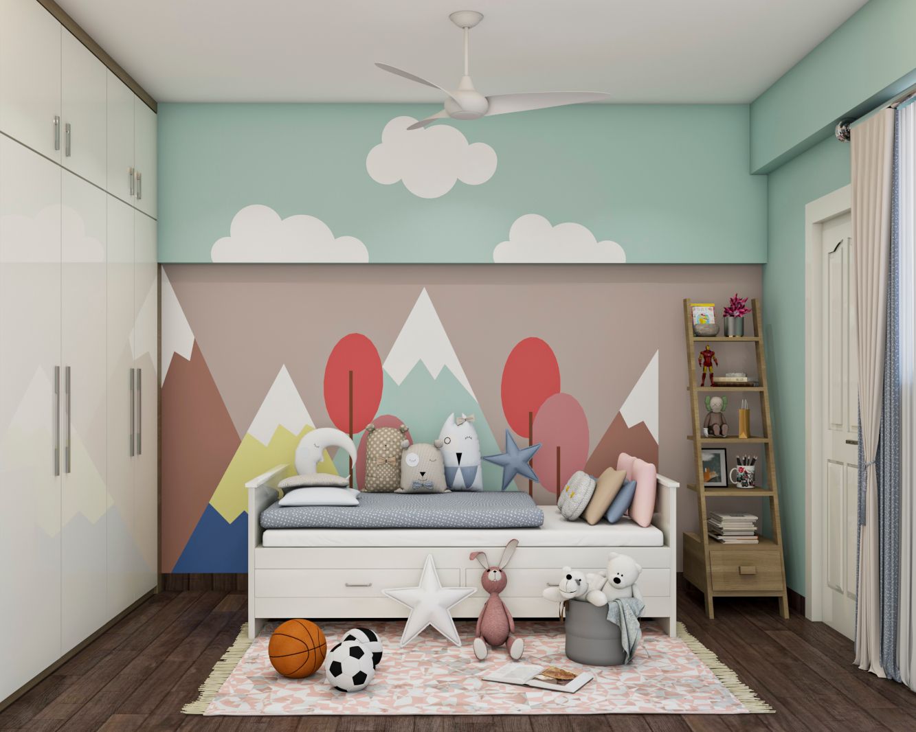 Compact Kid's Bedroom Design With Abstract Mountain Painting | Livspace