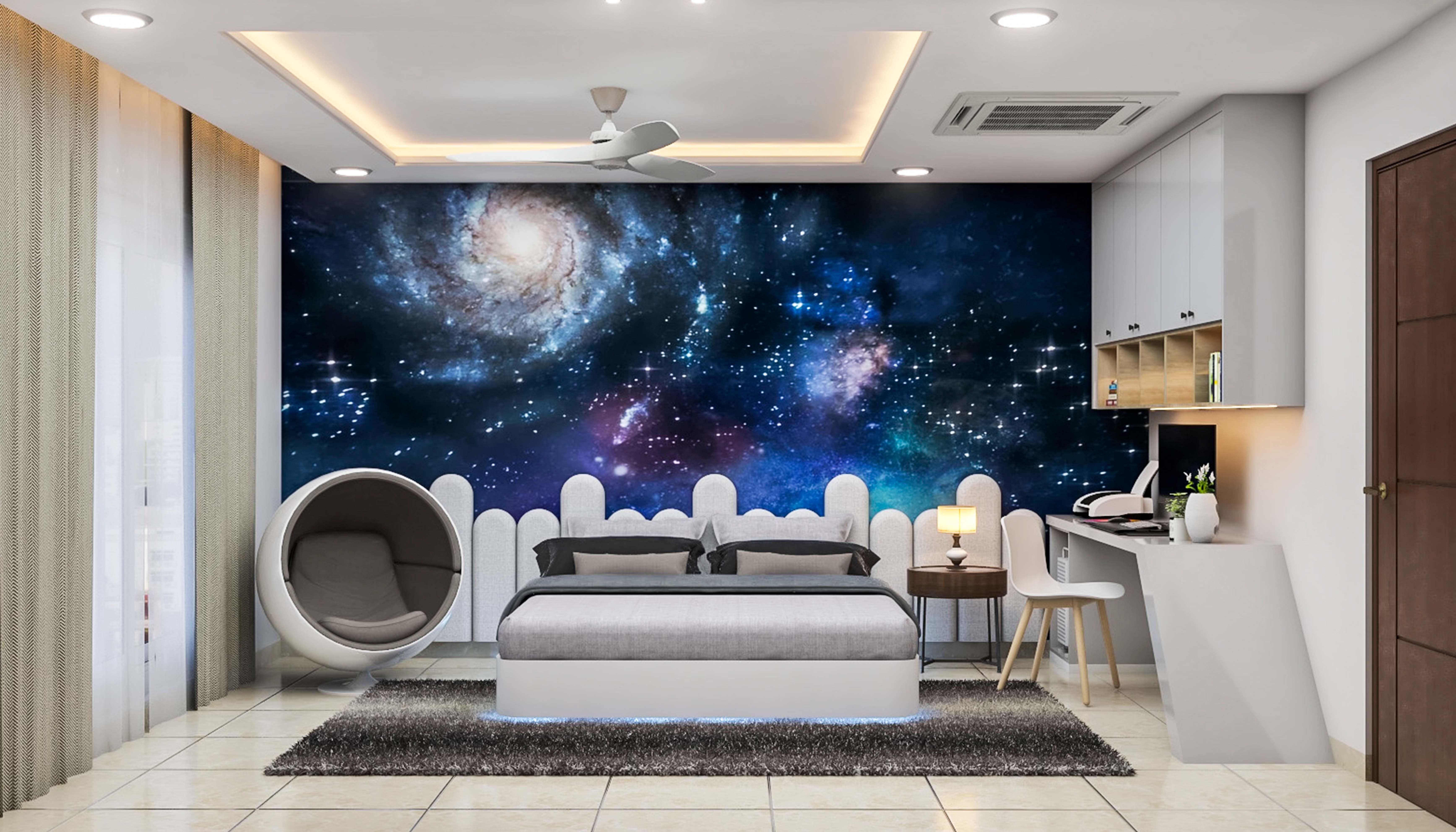 Spacious Boy's Room Design With Space Wallpaper