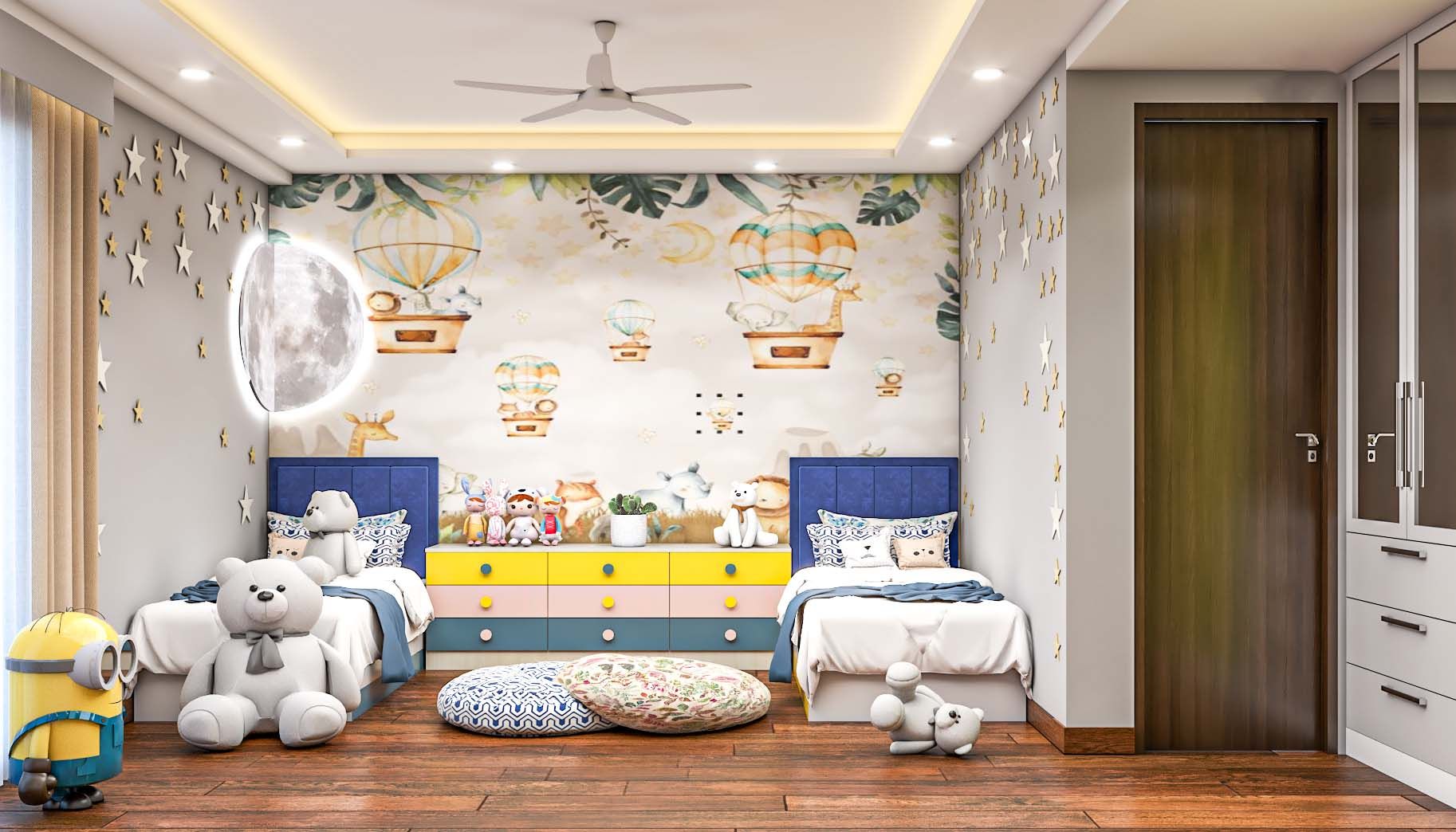 Modern Twin-Sharing Kid's Bedroom Design With Colourful Interiors