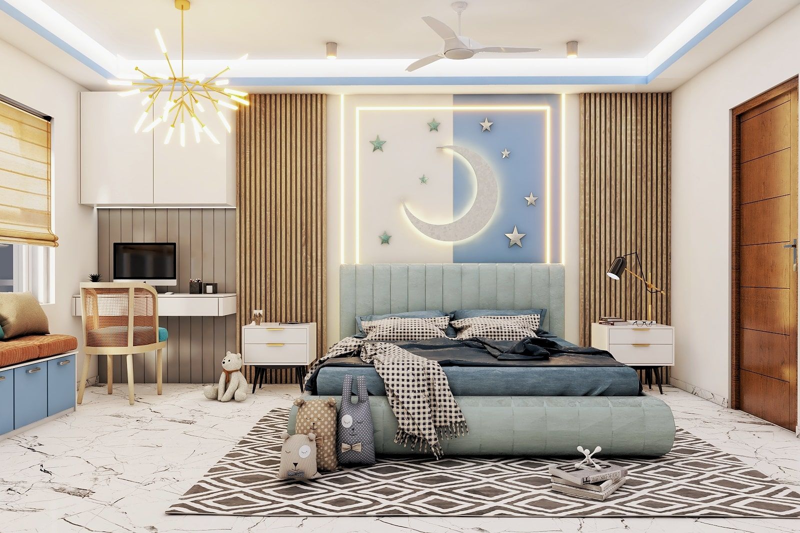 Blue And White Kid's Bedroom Design With Wooden Rafters | Livspace