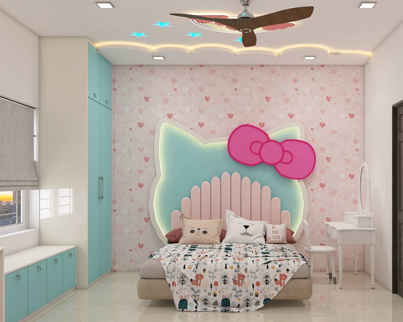 Spacious Kid's Room Design For Girls With Kitty Theme Livspace