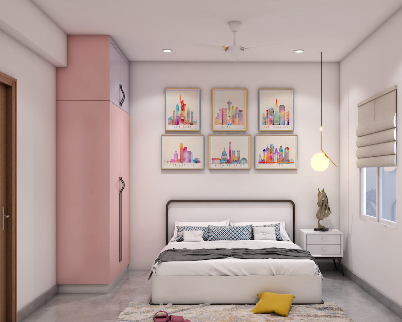 Modern Kid's Bedroom Design With Pastel Pink Theme And White Upholstery ...