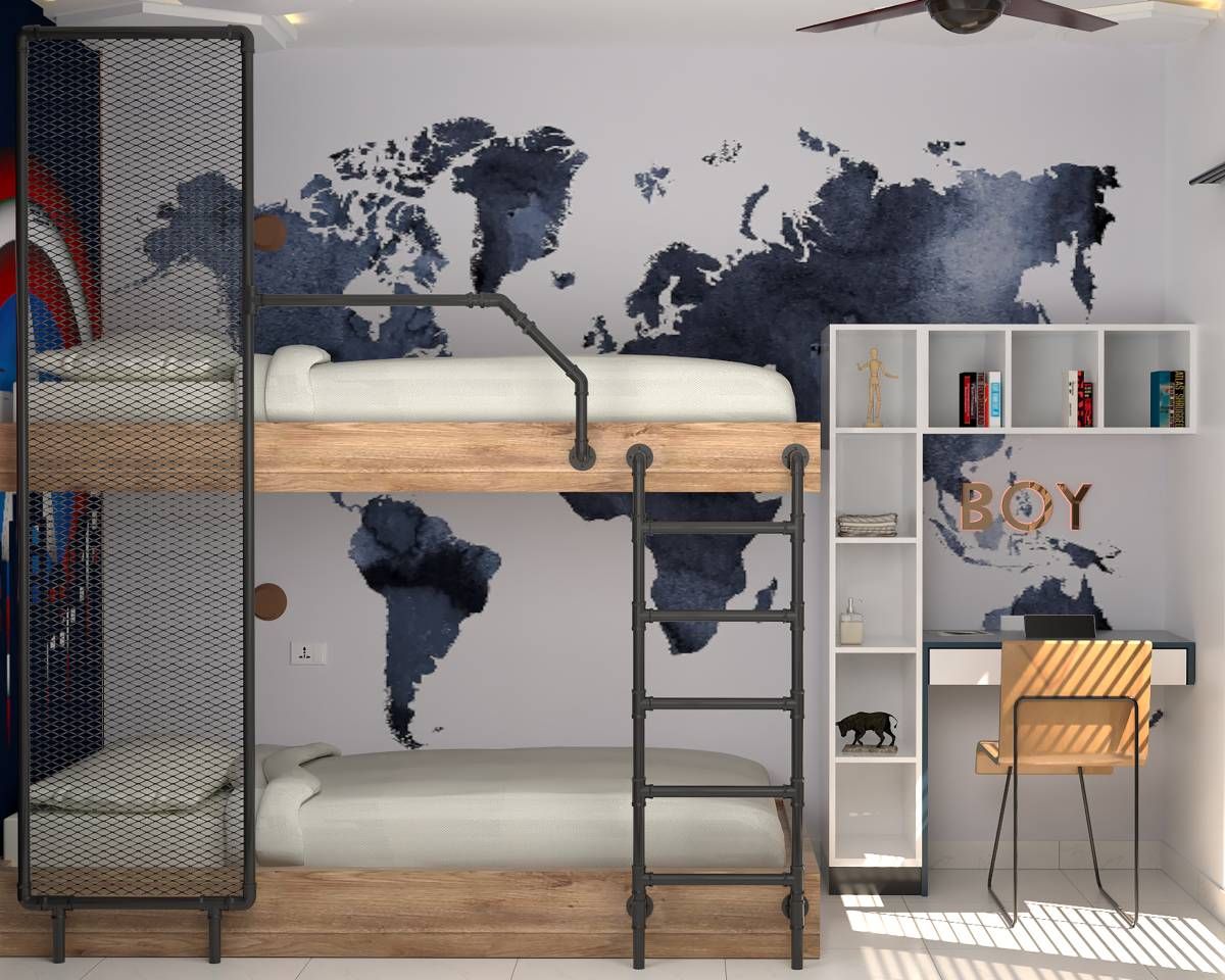 Modern Kid's Bedroom Design With Bunk Bed And World Map Wallpaper