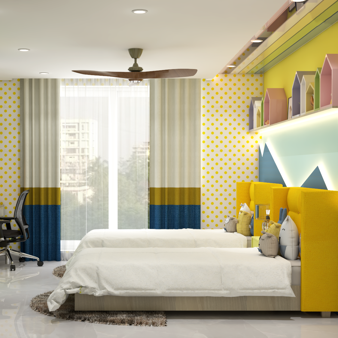 Contemporary Style Kid's Bedroom Design With Twin Beds