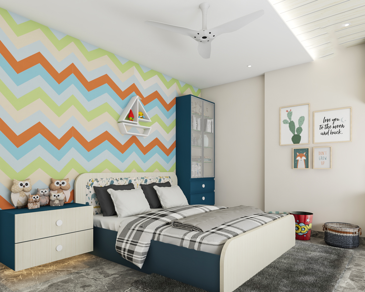 Contemporary Spacious Kid's Bedroom Design With Colourful Wallpaper
