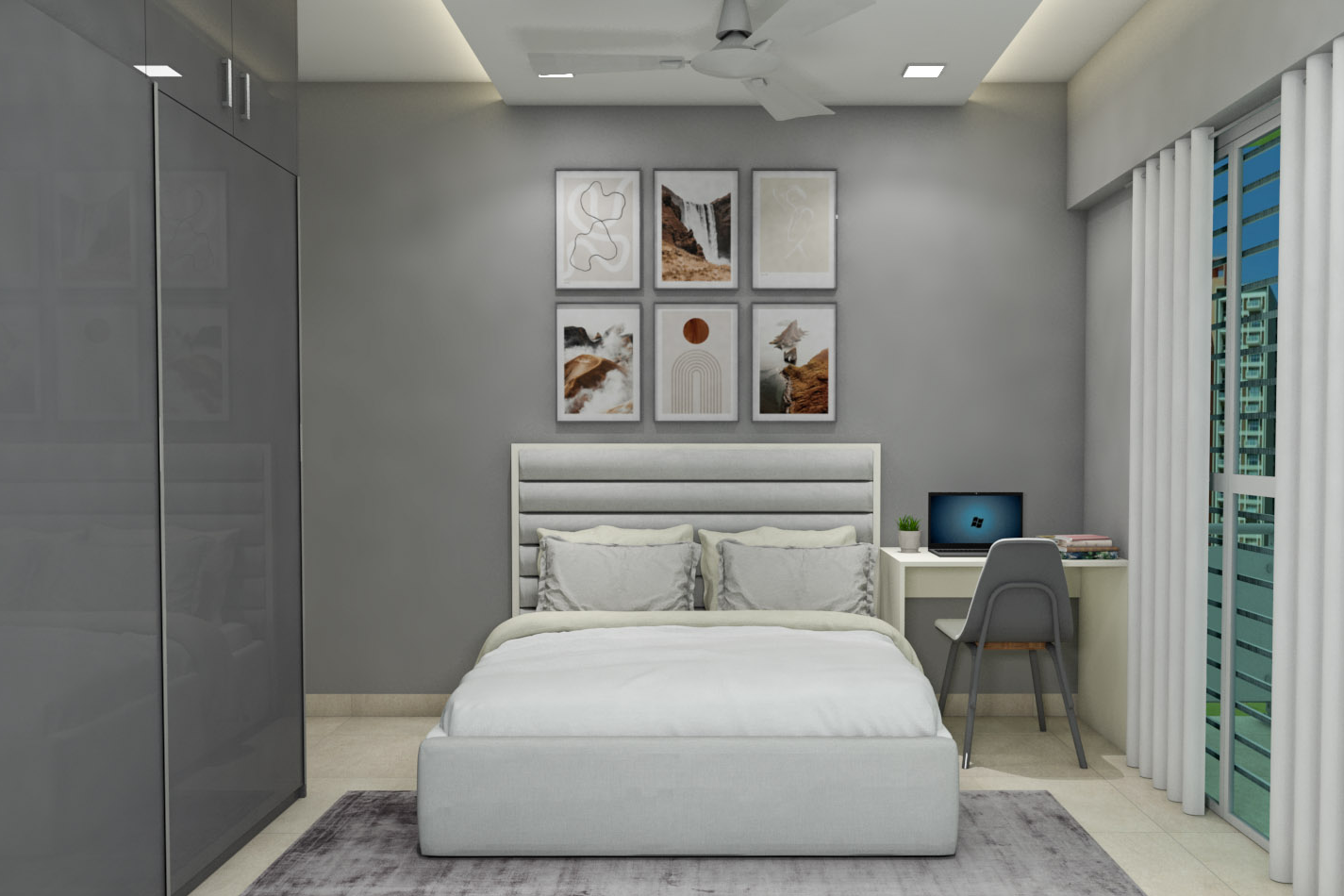 Modern Style Kid's Bedroom Design With Grey Upholstered Bed