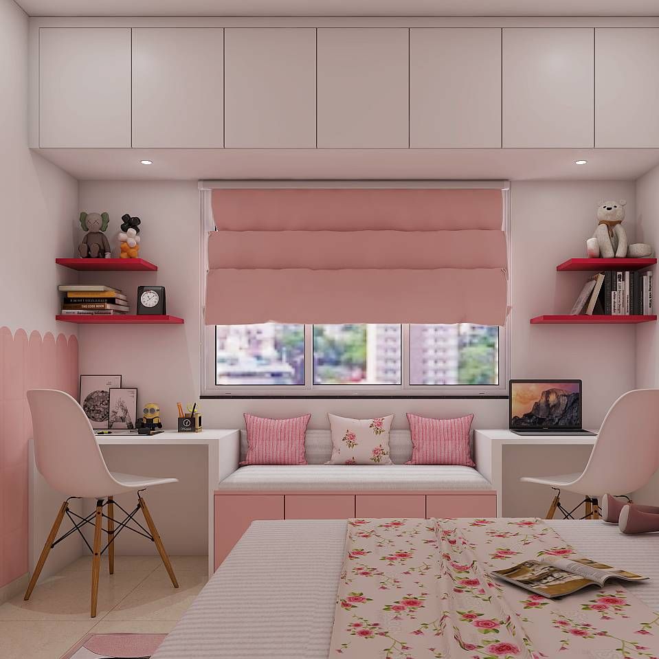 Shabby Chic Pink Kid's Bedroom Design With Study Desk | Livspace