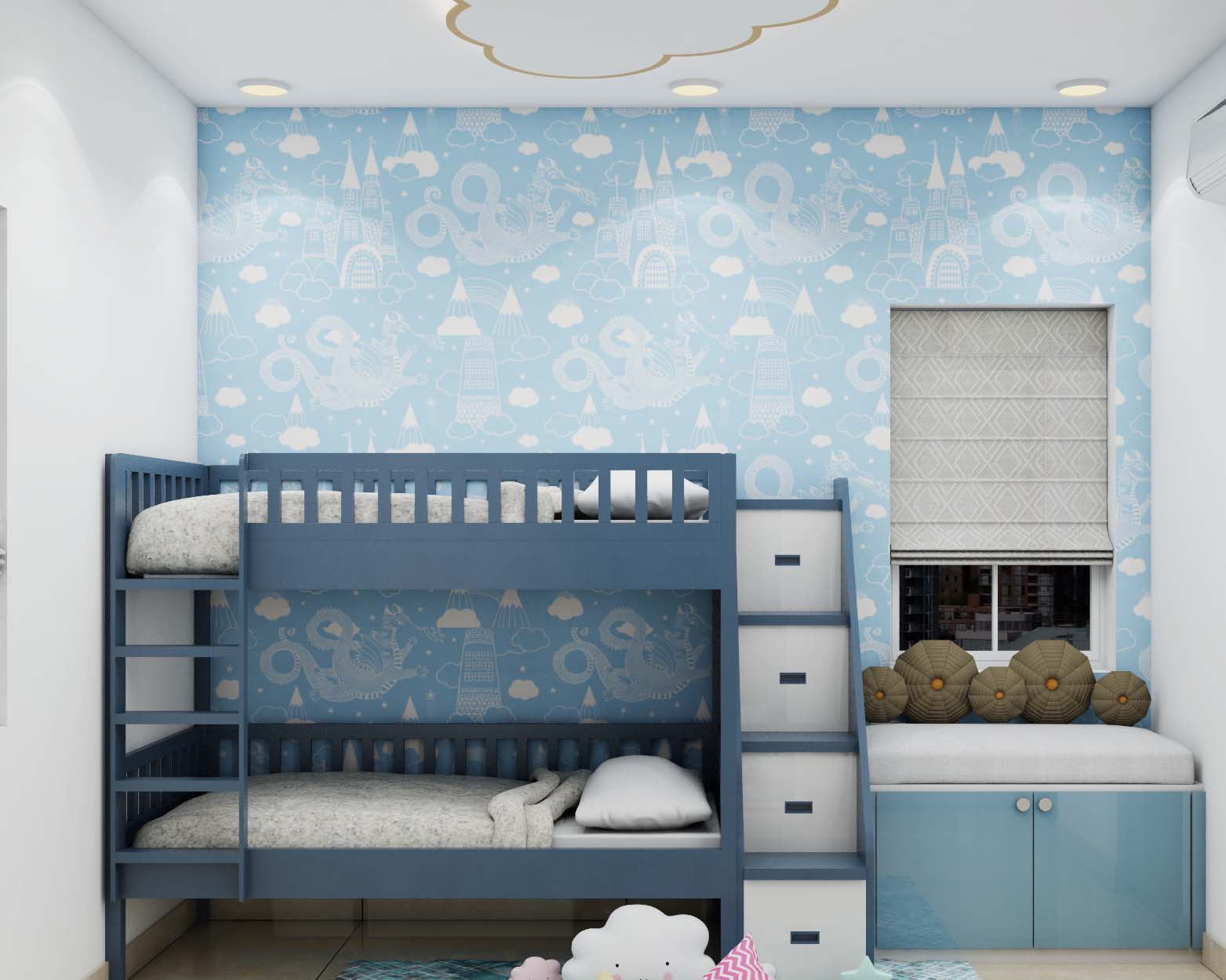 Spacious Blue-Toned Bedroom Designed For Kids With Modern Interiors