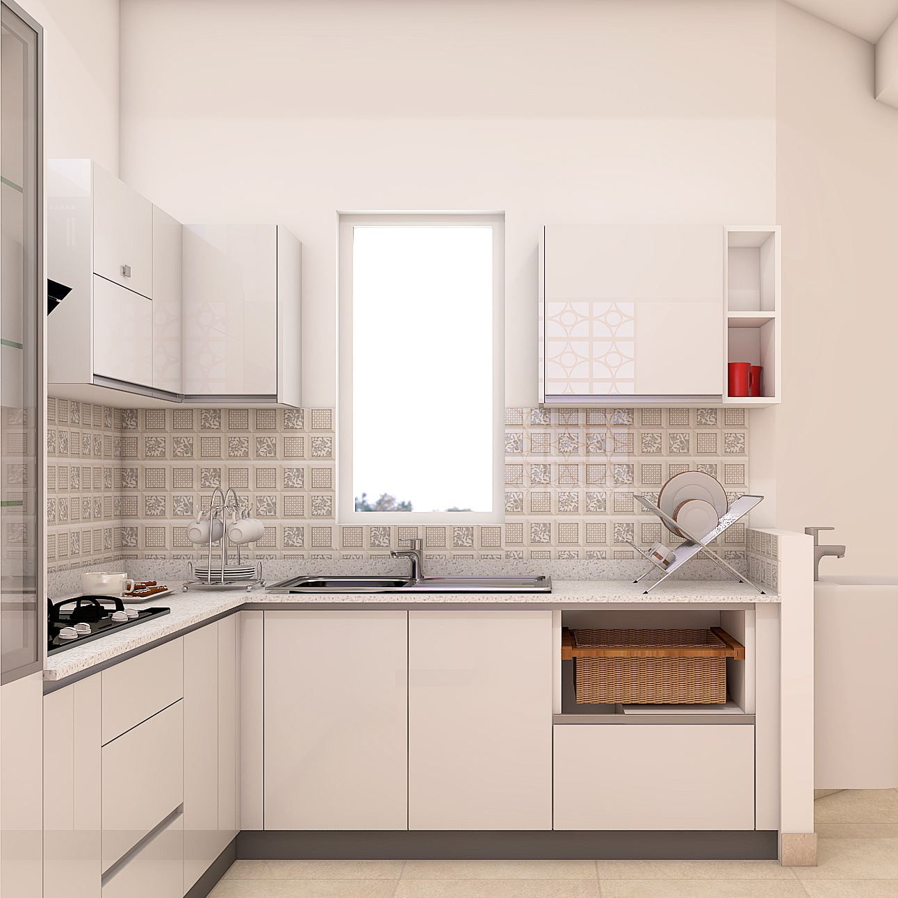 Minimal Modular White U-Shaped Kitchen Design With Profiled Handles