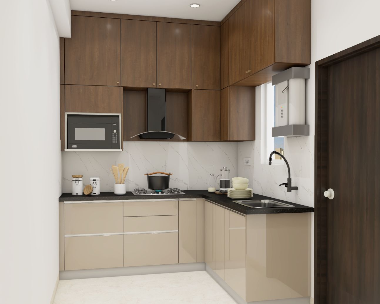 Compact Modular Kitchen Design Idea With L-Shaped Layout